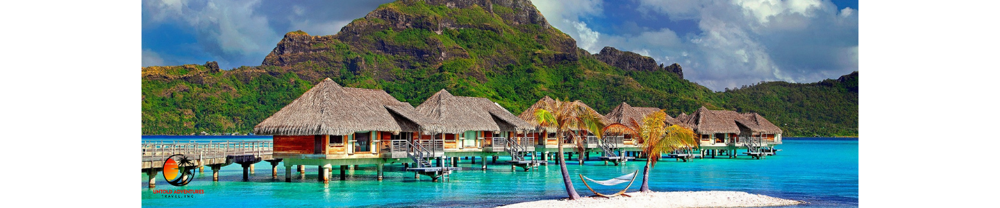 Bora bora, Tahiti overwater bungalows with mountain in the background and Untold Adventures Travel, Inc. logo in the foreground